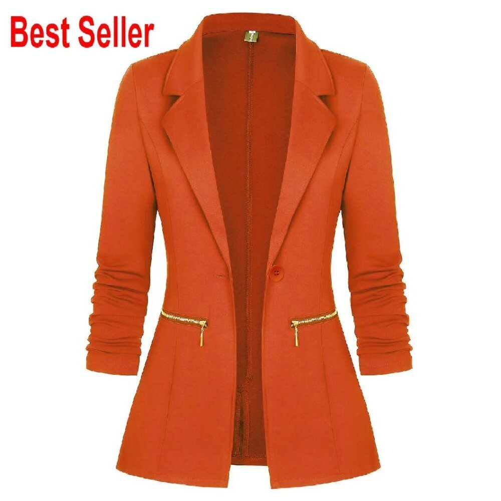 Long Sleeve Blazer Open Front Cardigan Jacket Work Office Zipper Pockets